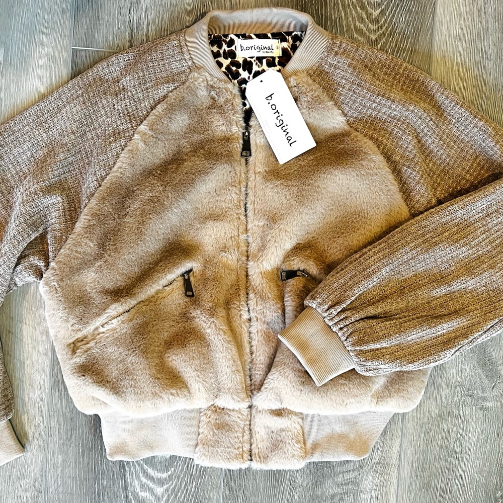Faux fur womens bomber jacket, by b.original, taupe size Small. NWT